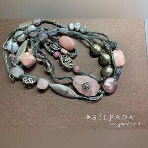 Silpada Vintage Sterling Pink Soapstone, Agate, Shell, Pearls & Quartz Necklace